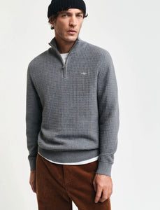 GANT - Cotton Textured Half Zip, Dark Grey Melange