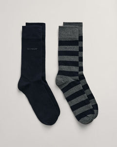 GANT - 2 Pack Barstripe & Solid Socks, Charcoal Melange