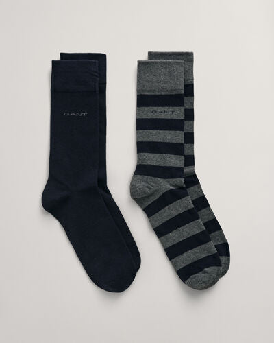 GANT - 2 Pack Barstripe & Solid Socks, Charcoal Melange