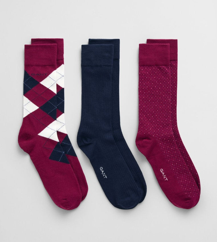 GANT - Argyle Socks 3-Pack Gift Box, Rich Wine